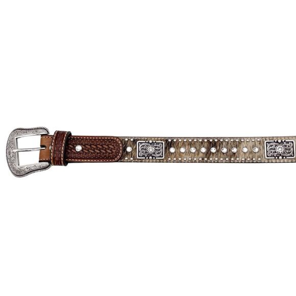Nocona Brown Tooled Leather Belt Hair-On Cowhide Rhinestone Boho Western Size 28 main image 6